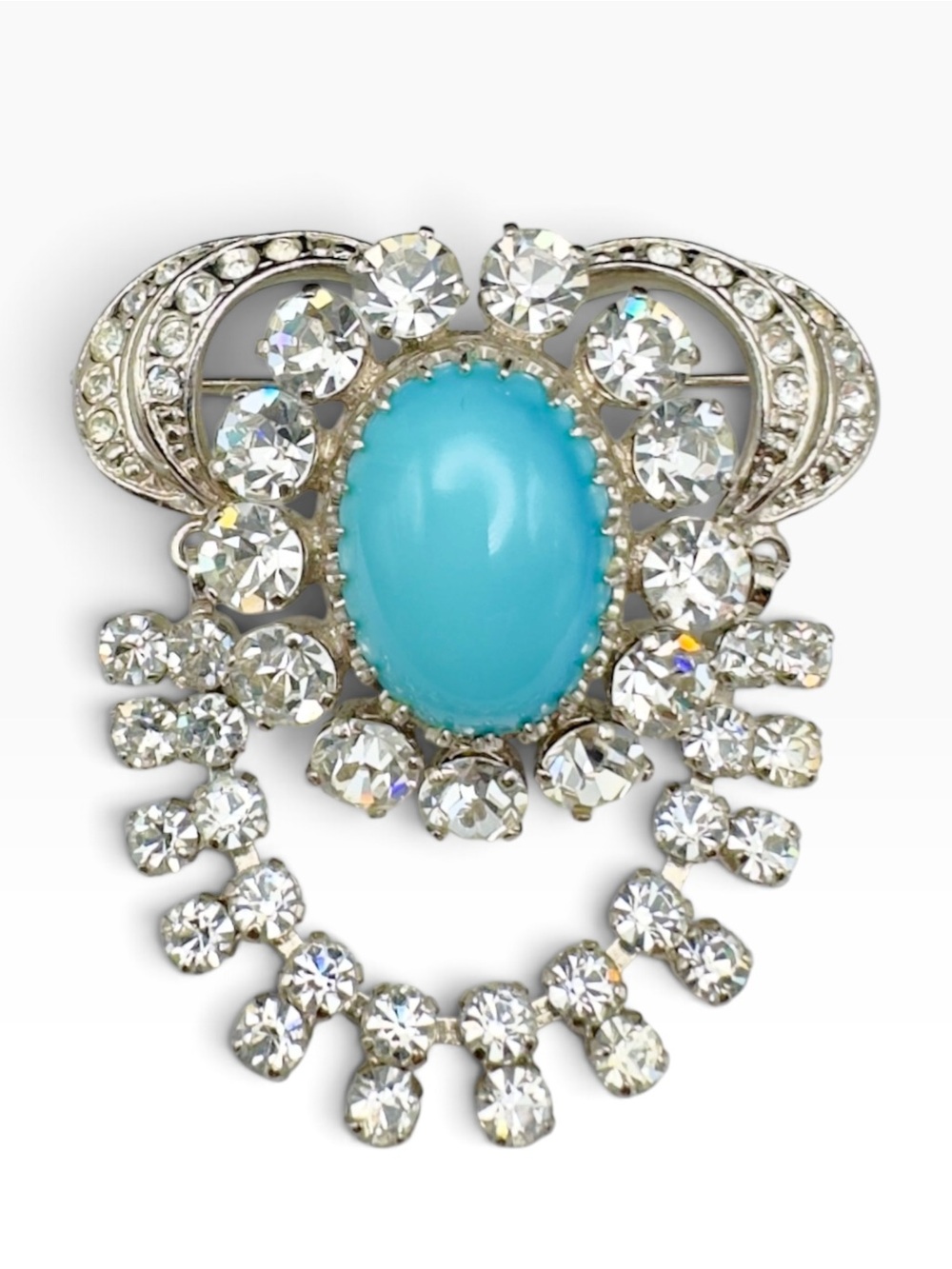 Vintage Turquoise Glass Cabochon & Clear Rhinestone Dangle Brooch